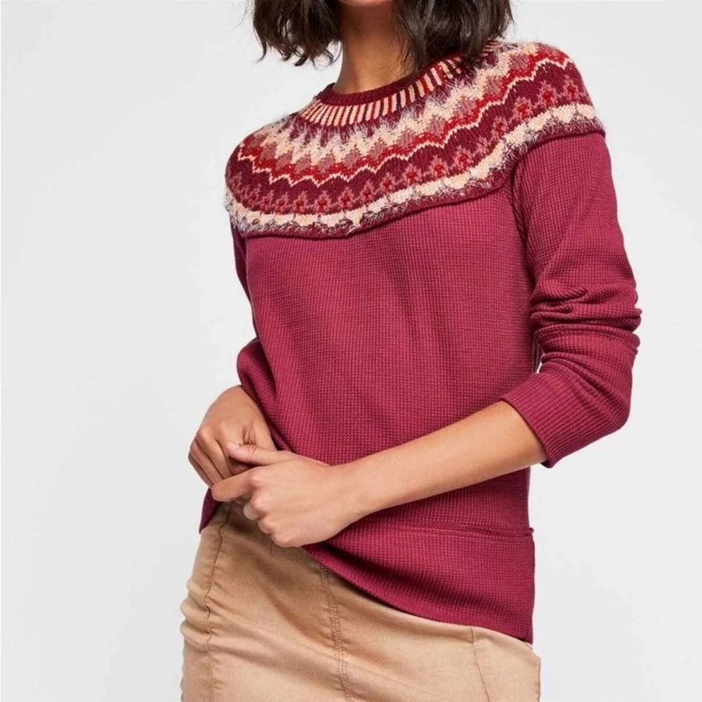 Free People Burgundy Mandala Swit Thermal Sweater Top Small